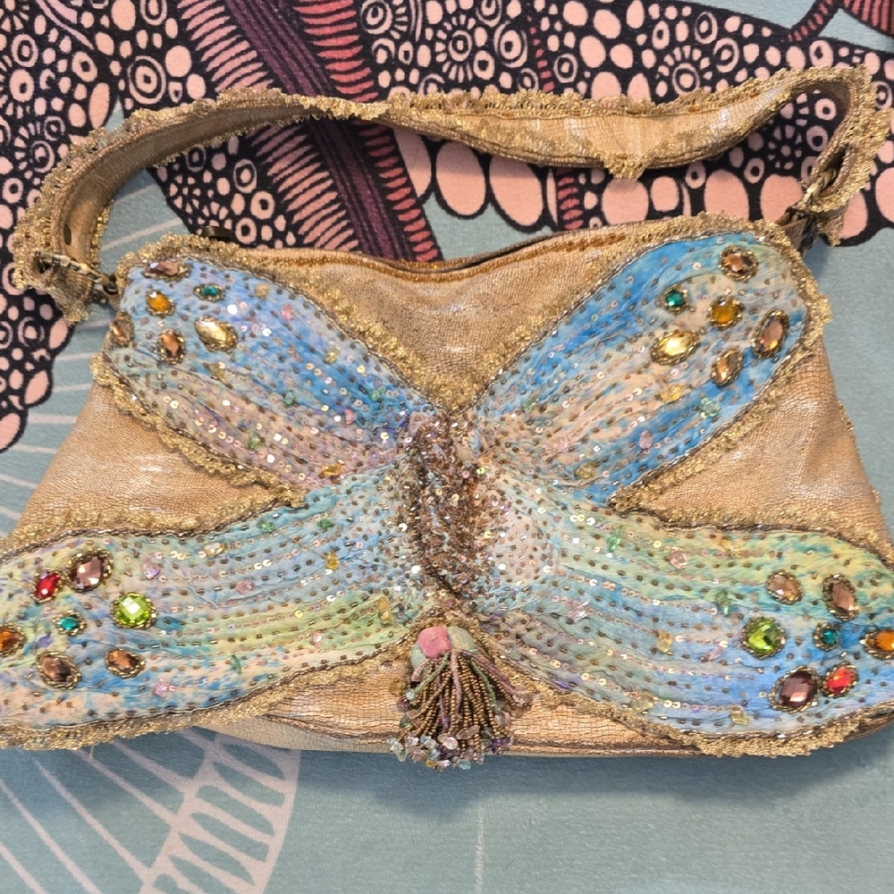 Mary Frances Gold and Blue Embellished Shoulder Bag